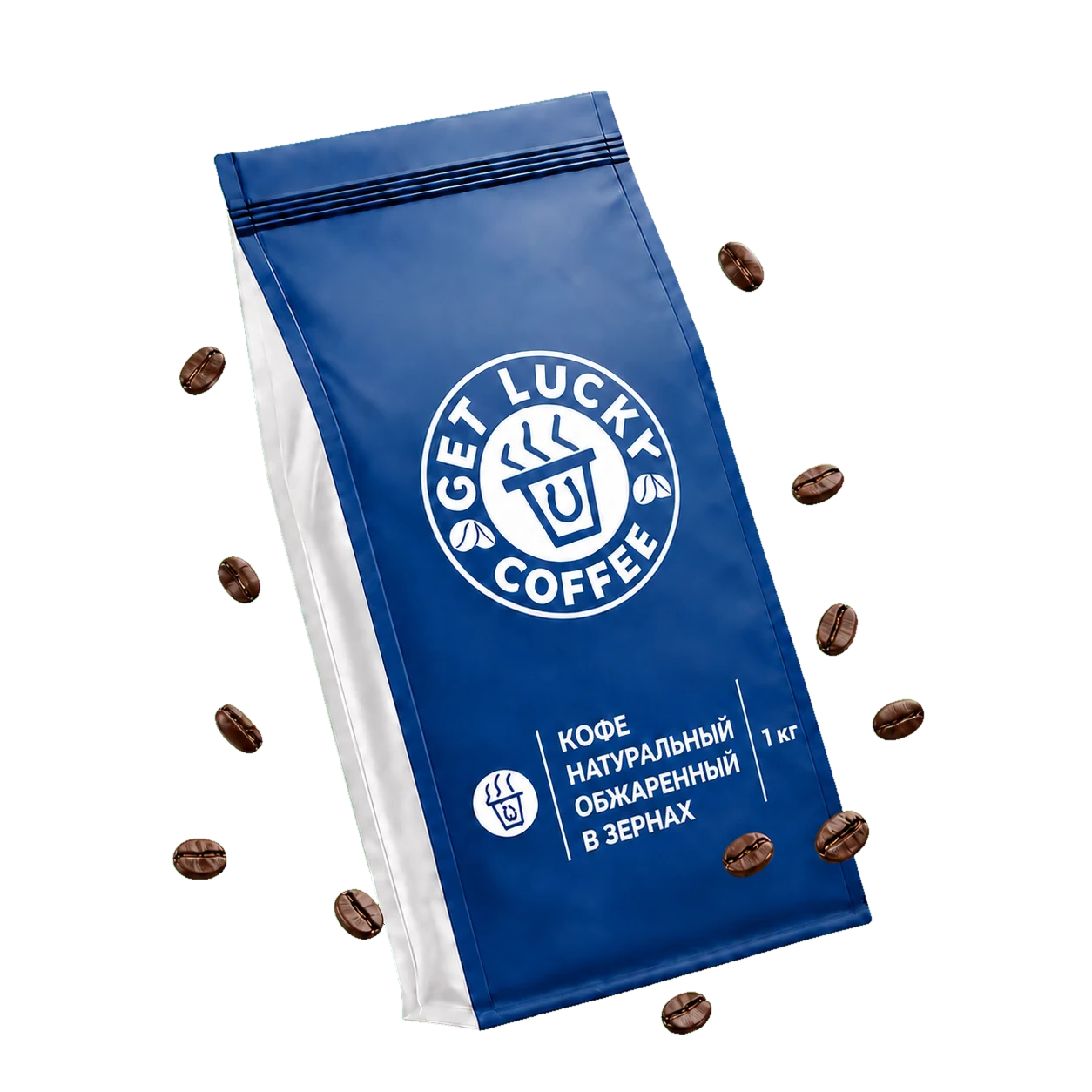 Синяя упаковка кофе Get Lucky Coffee и кофейные зёрна